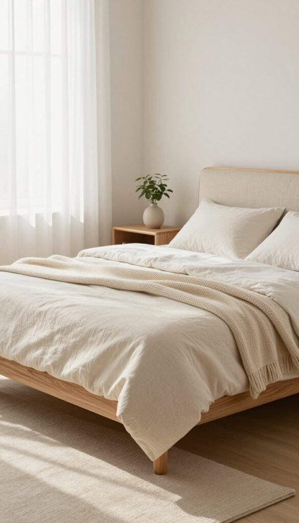 Cozy bright bedroom with a hybrid bed frame combining warm natural wood sides and a soft neutral linen upholstered headboard, styled with layered white bedding and simple decor.