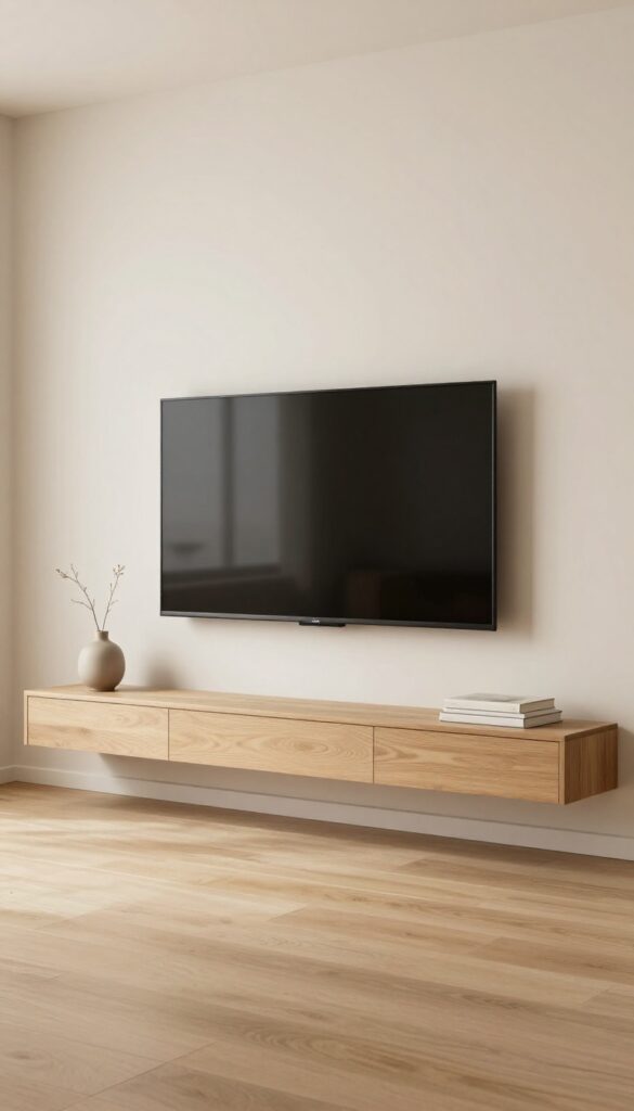Minimalist living room with a wall-mounted TV above a floating wooden console, neutral tones, and bright natural light