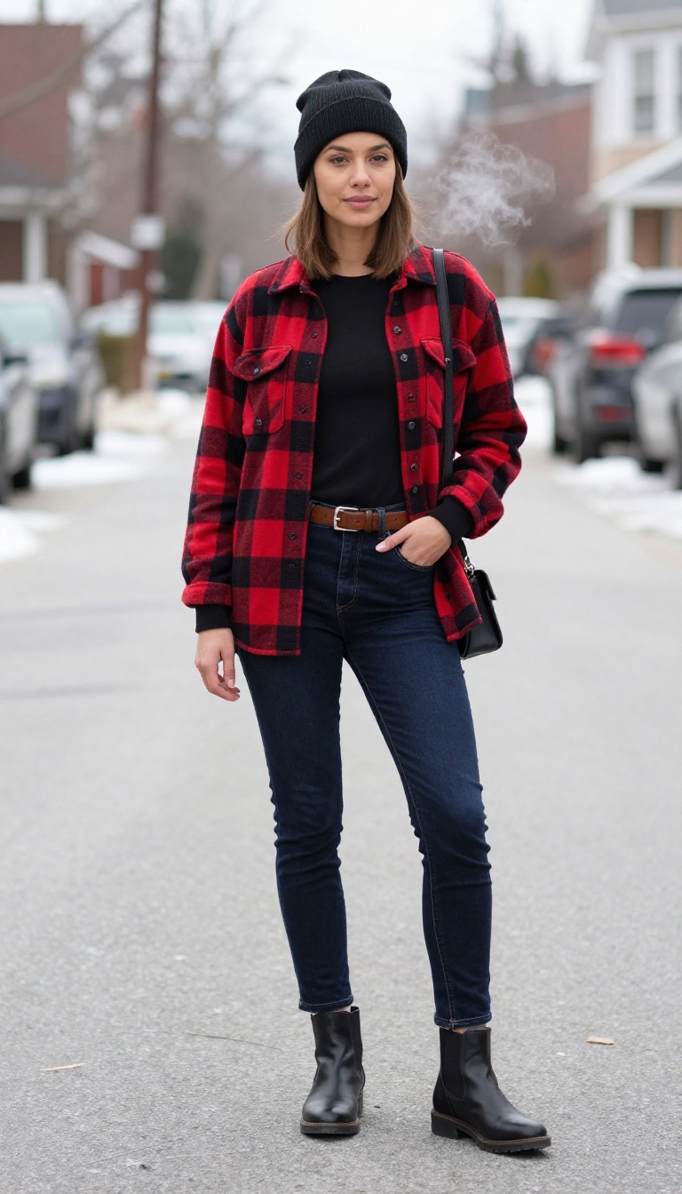 2. Thermal Base Layer Under a Flannel Shirt with Slim Jeans and Ankle Boots
