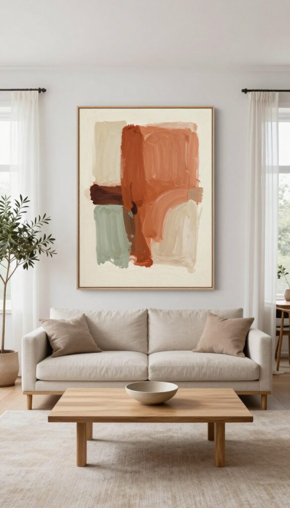Bright open concept living room with a large framed abstract painting as the focal point above a neutral sofa, styled with a light oak coffee table, beige rug, and potted olive tree in natural daylight.