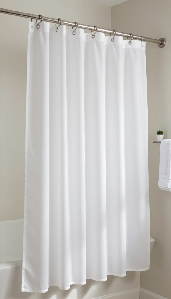 Bright minimal bathroom with a crisp white hotel-style waterproof fabric shower curtain hanging in neat folds from a metal rod, natural light, clean and upscale look.