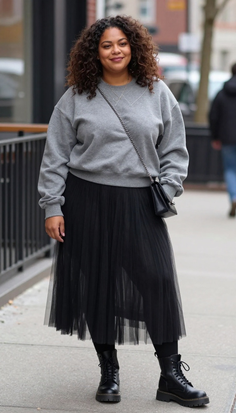 9. Black Tulle Skirt with a Graphic Sweatshirt and Combat Boots