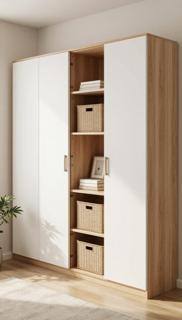 Modern bedroom wardrobe with a mix of open shelves holding baskets and books above closed white cabinets, styled in neutral tones with bright natural light.