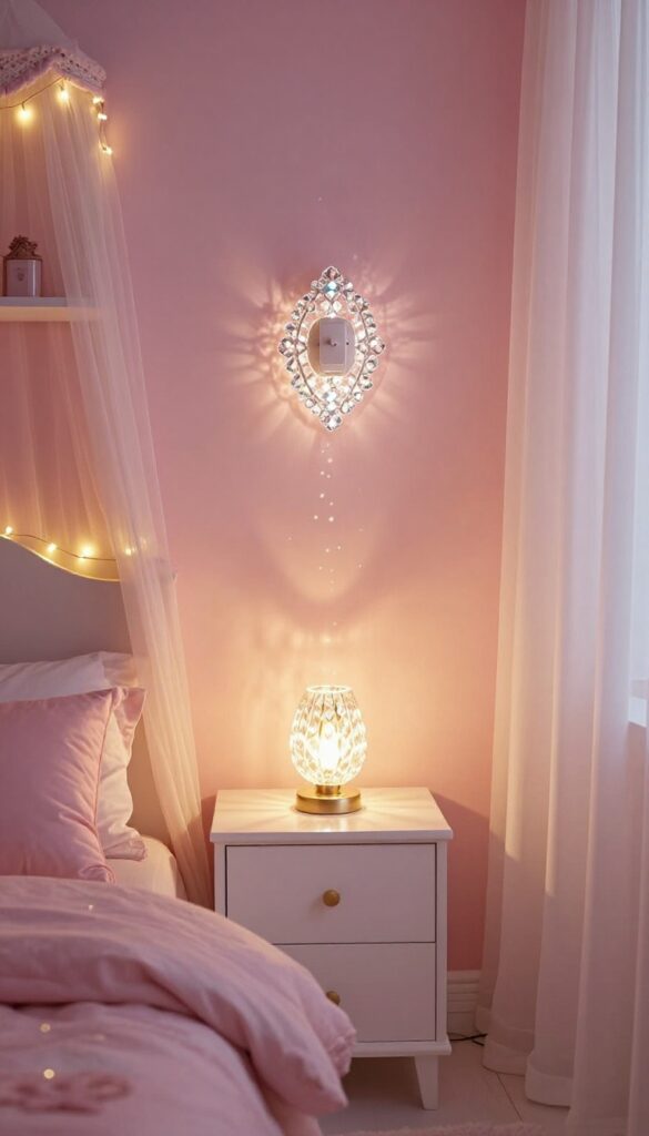Warm sparkle accent lighting in a princess-themed kids' bedroom with a crystal wall sconce, dimmable table lamp, and fairy lights glowing softly.