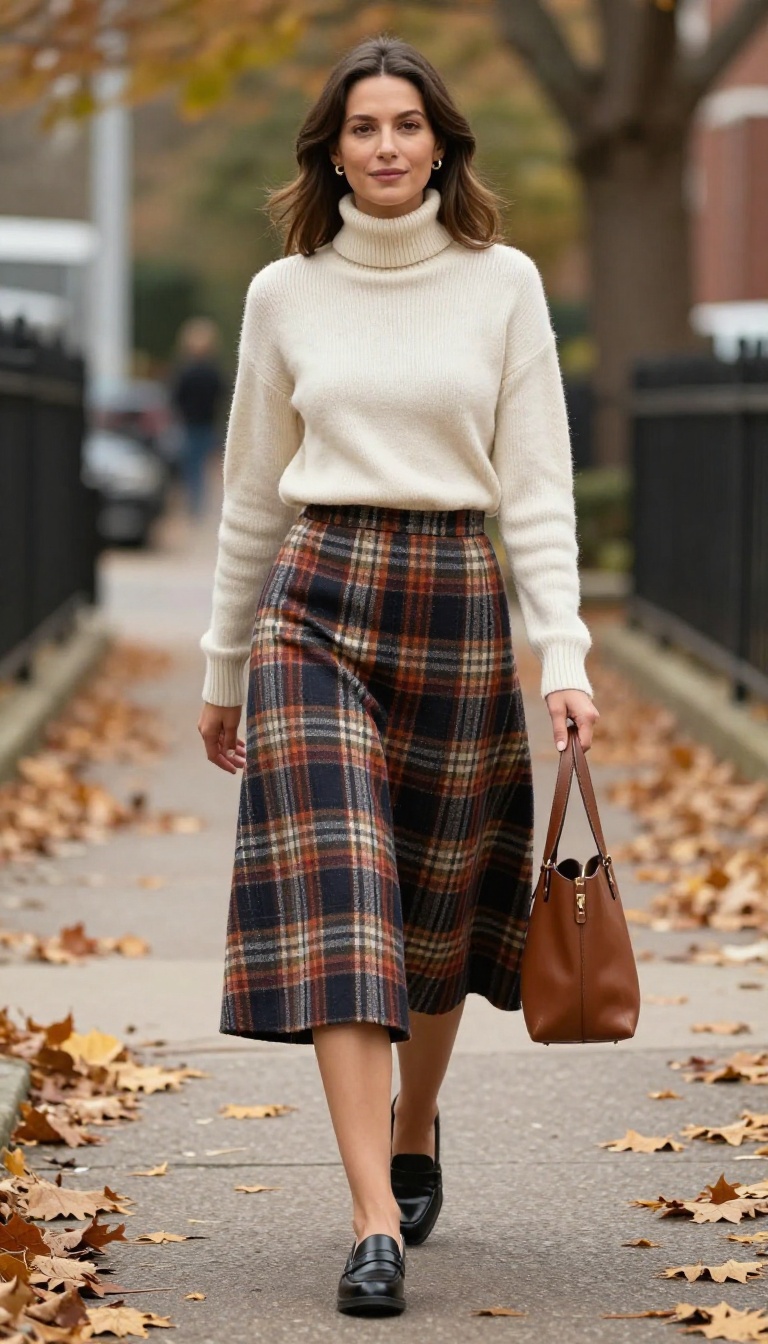 3. Plaid A-Line Skirt with a Turtleneck and Loafers