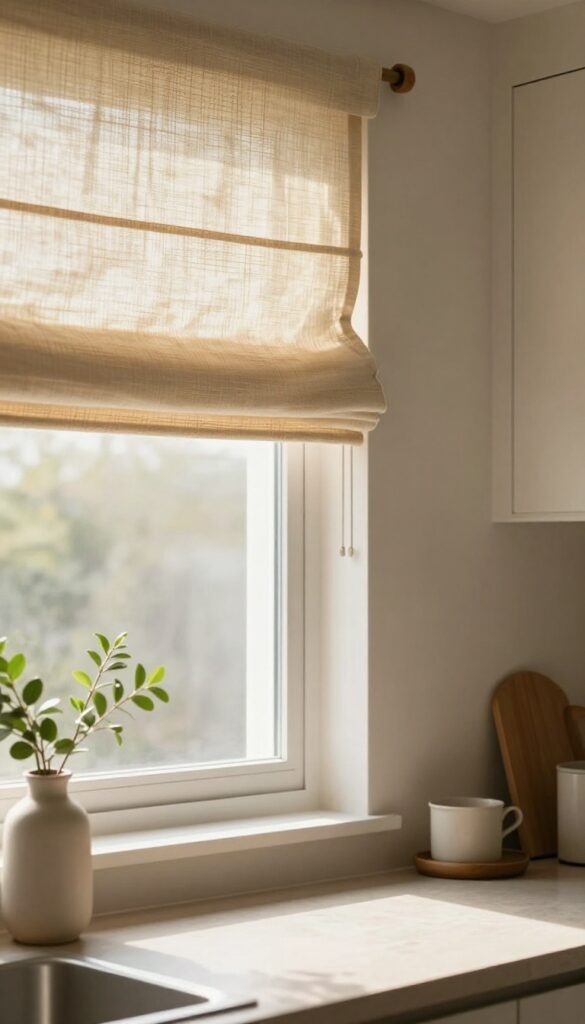Cozy kitchen window with a bamboo roman shade layered behind soft white linen curtains tied back, bright natural light filling the room.