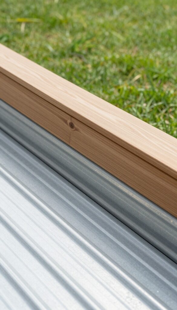 Corrugated metal skirting panels with stained wood trim around the base of a residential deck, bright natural light, clean backyard setting.