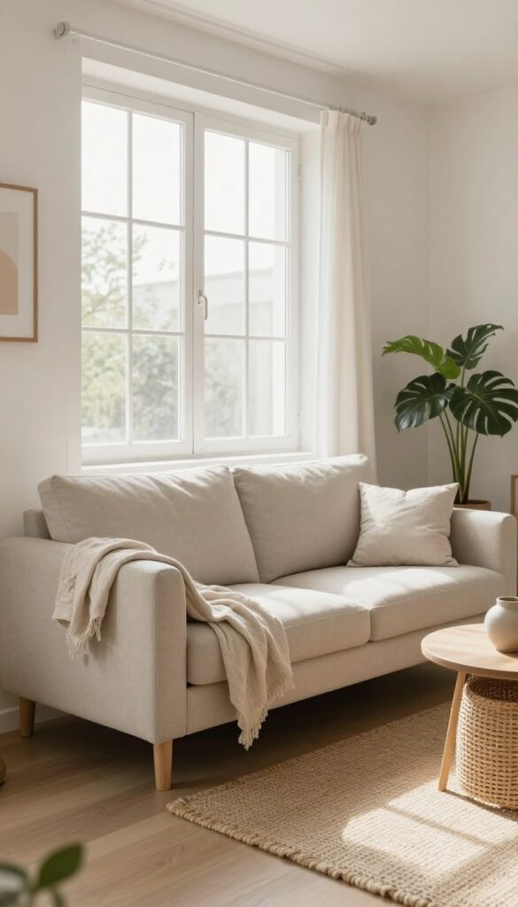 Bright small living room with a compact light-colored sofa with narrow arms and raised legs, styled with a throw blanket, side table, lamp, rug, and plant in natural daylight