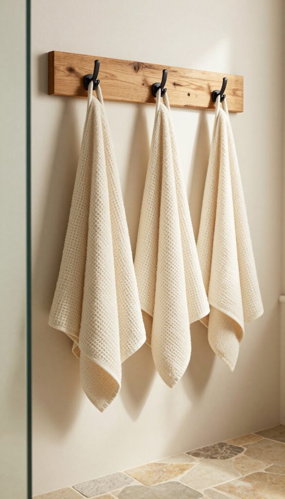 Rustic walk-in shower with simple matte metal hooks holding folded towels on a reclaimed wood wall in bright natural light