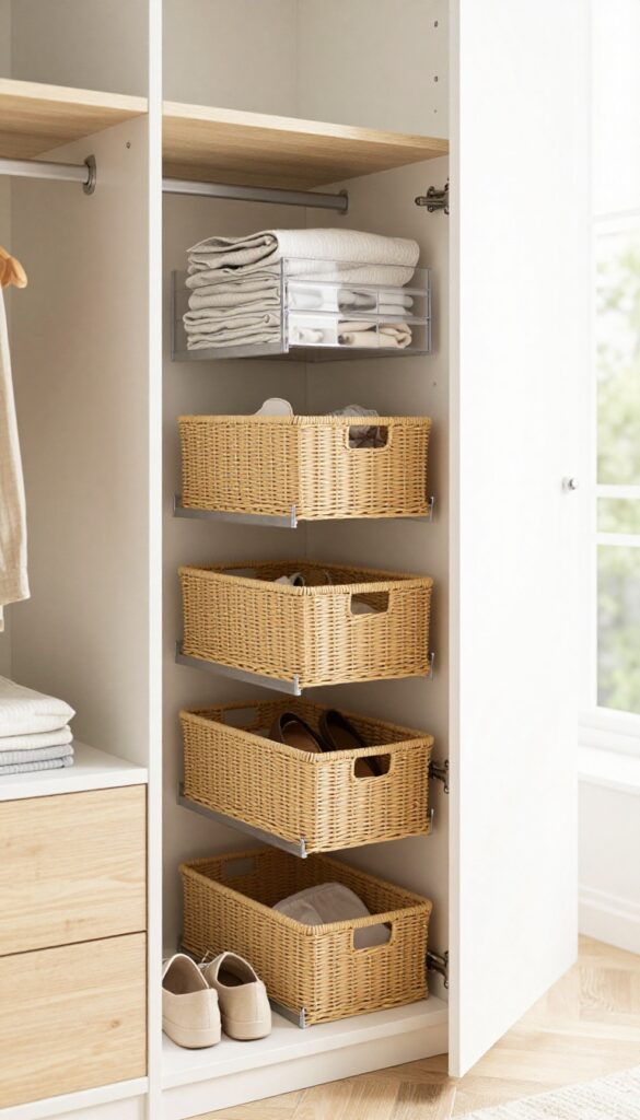 Bright modern bedroom cupboard with adjustable shelves, pull-out baskets, and drawer dividers for modular internal organization