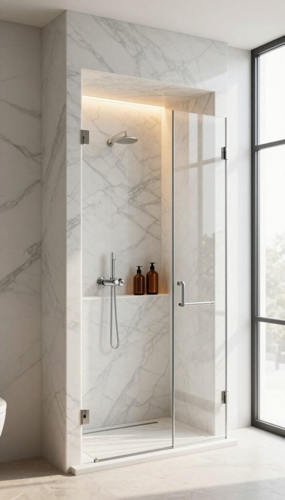 Modern walk-in shower with a marble niche lit by warm integrated LED strip lighting, holding a few neatly arranged bottles.