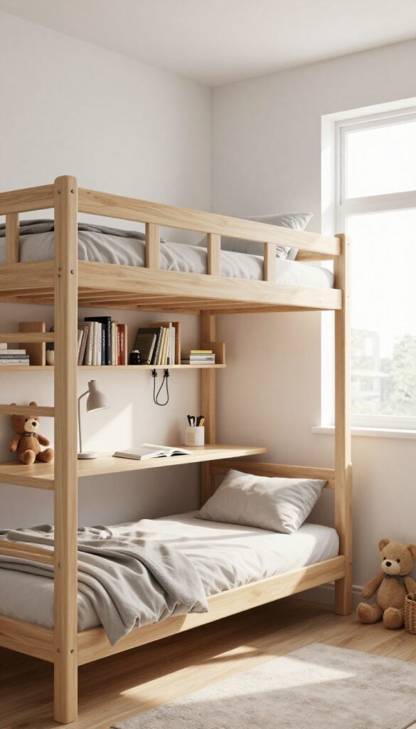 Boys bedroom with a bunk bed that has a built-in desk unit underneath, styled with a wall-mounted task lamp, floating shelves, and neat cable management in bright natural light.