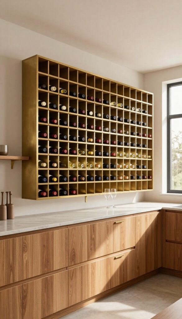 Large brass wall-mounted wine rack holding bottles organized by color on a bright kitchen wall with a small shelf of glasses below