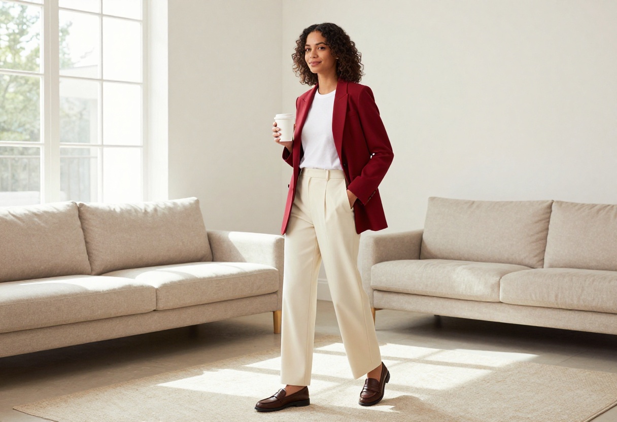 Woman wearing a red blazer with cream trousers and loafers in a bright living room