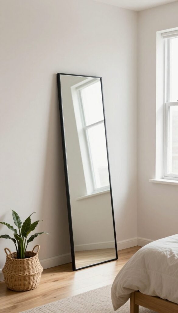 Bright teen girl's bedroom with a slim black-framed full-length mirror leaning against a light wall, reflecting natural window light in a clean, uncluttered space.