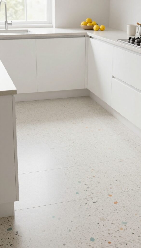 Bright modern kitchen with a white terrazzo-look tile floor featuring playful gray, beige, teal, and terracotta speckles, white cabinets, and natural light.