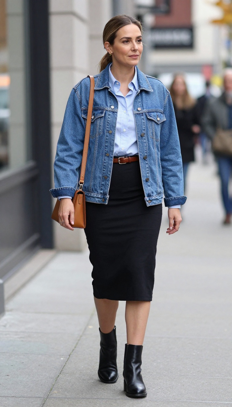 9. Denim Jacket with a Pencil Skirt and Button-Down Shirt