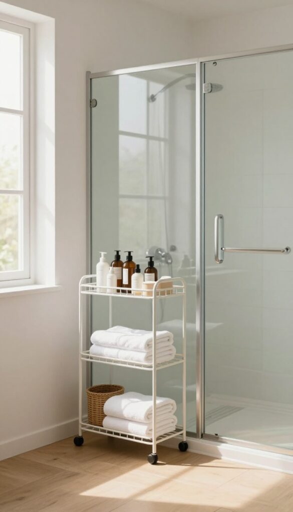 Slim rolling storage cart with neatly arranged toiletries and towels placed just outside a glass shower in a bright small bathroom