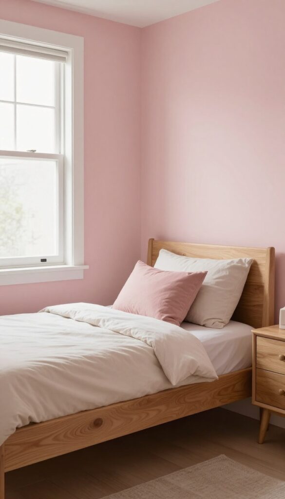 1. Soft Blush Walls With Warm Wood Furniture idea