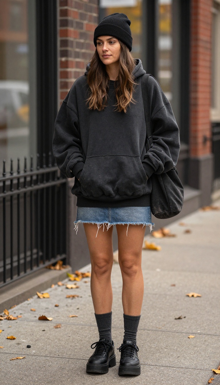3. Denim Skirt + Graphic Hoodie + Platform Sneakers