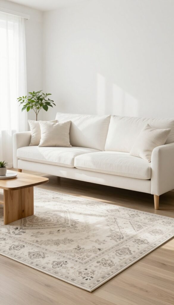Bright living room with a white sofa resting on a large soft-toned patterned area rug that anchors the seating area under natural light.