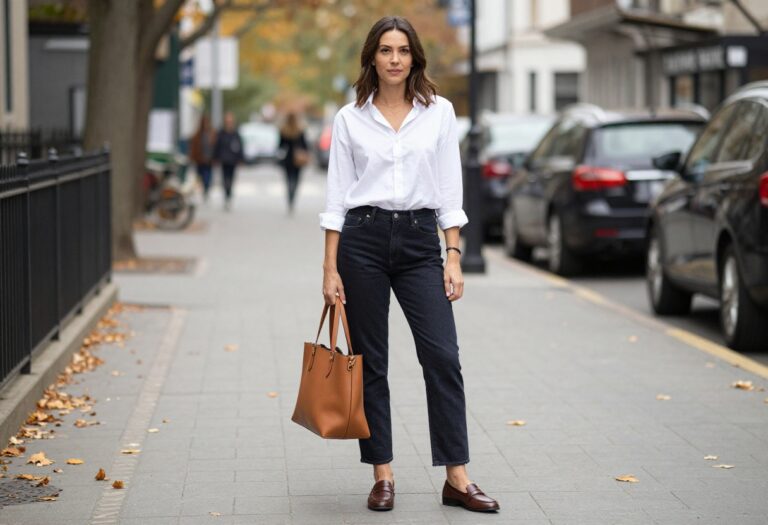 Woman wearing dark wash straight-leg jeans, white button-down shirt, and loafers, standing on an autumn street.