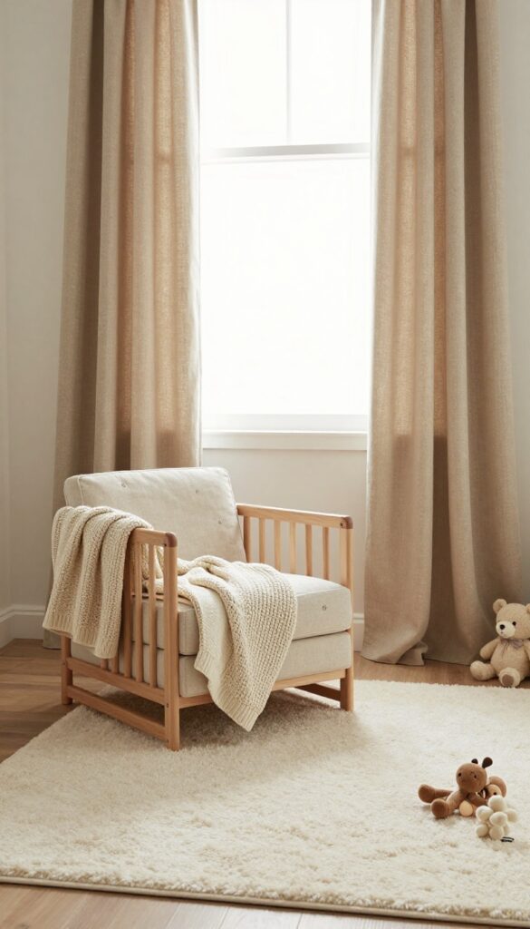 Cozy baby boy nursery corner with layered textiles including a plush cream area rug under a wooden crib, floor-length linen blackout curtains, and a chunky knit throw over a glider in bright natural light