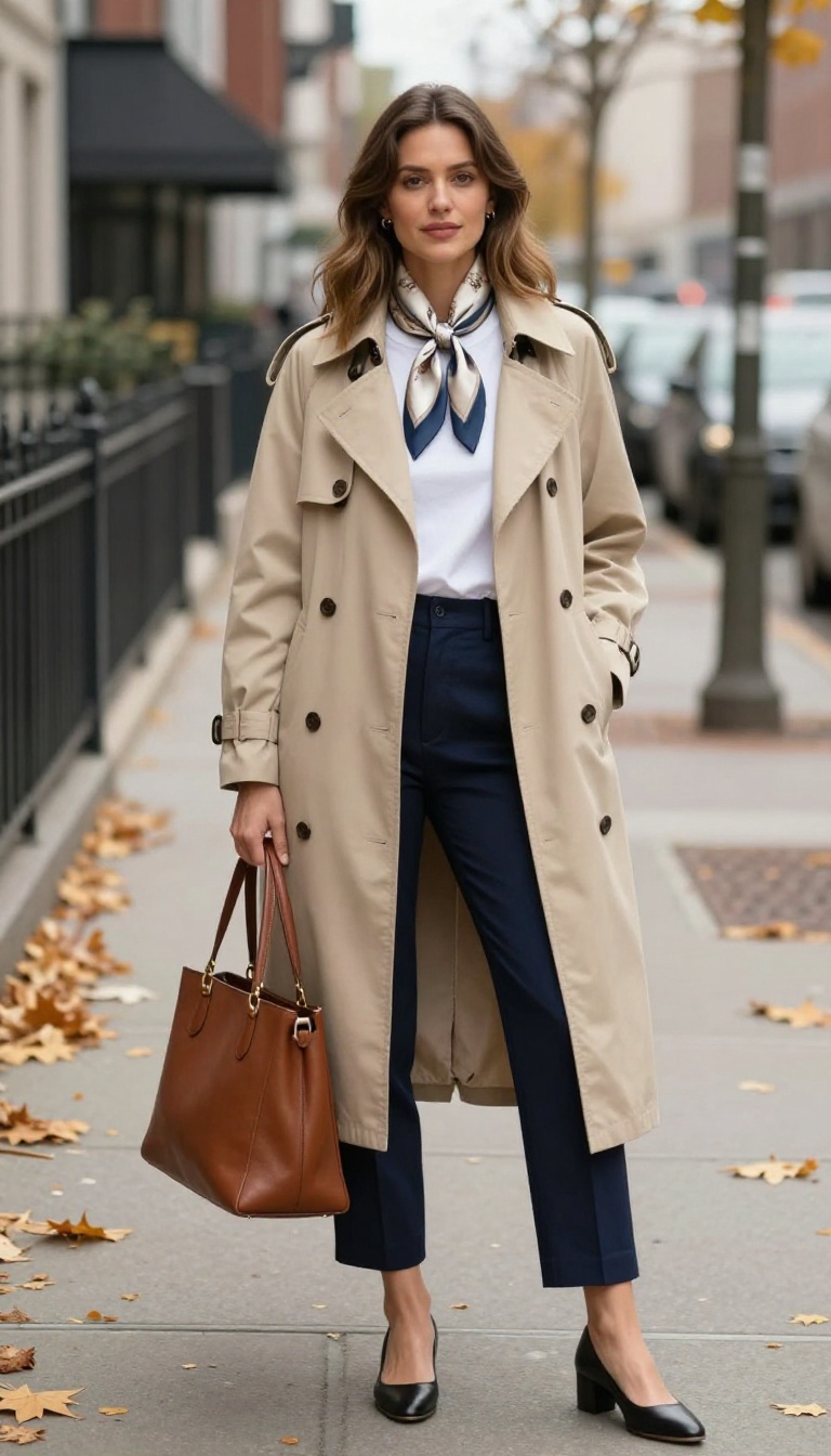 9. Trench Coat and Silk Scarf Ensemble