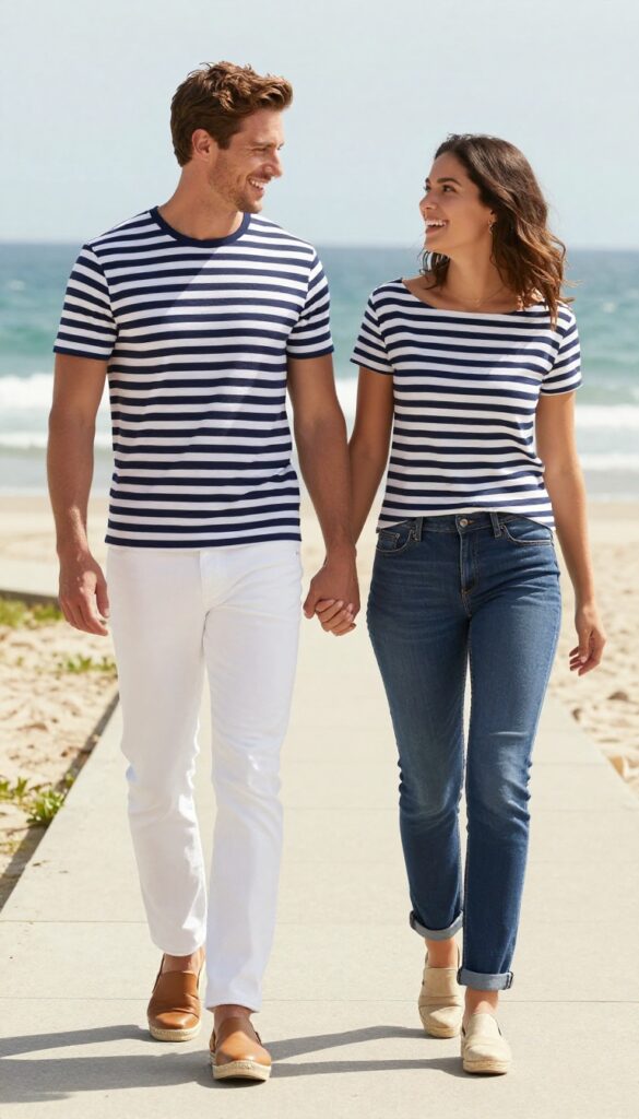 Couple in matching navy and white striped outfits on a coastal boardwalk, exuding relaxed elegance.