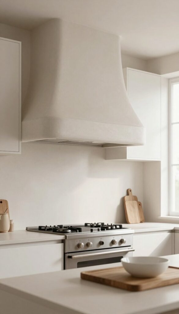 Bright modern kitchen with an arched plaster vent hood cover above a stove, soft neutral colors and natural light