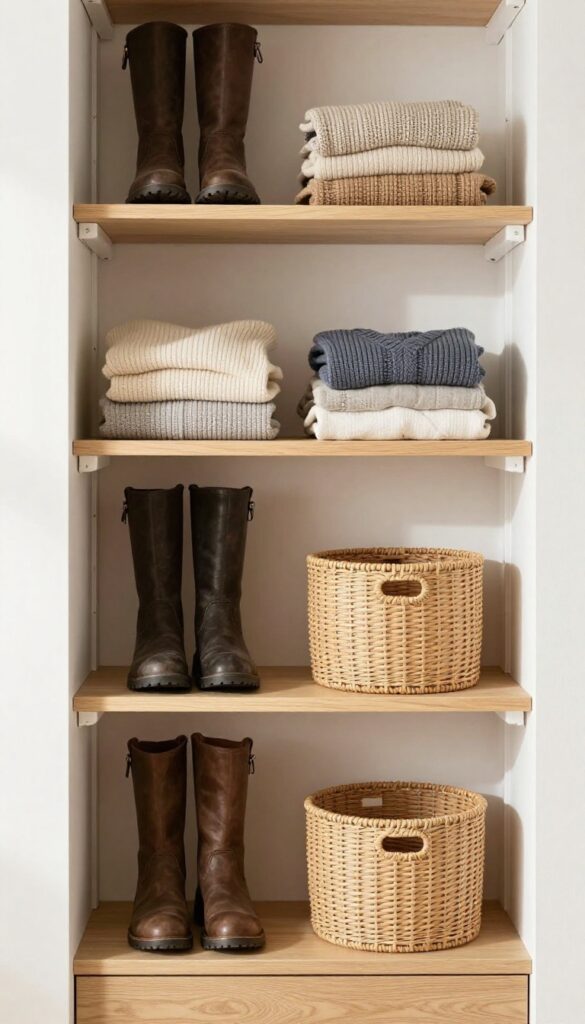 Small bedroom cupboard with adjustable shelf peg system and thick floating wooden shelves holding folded sweaters, tall boots, and woven storage bins in bright natural light