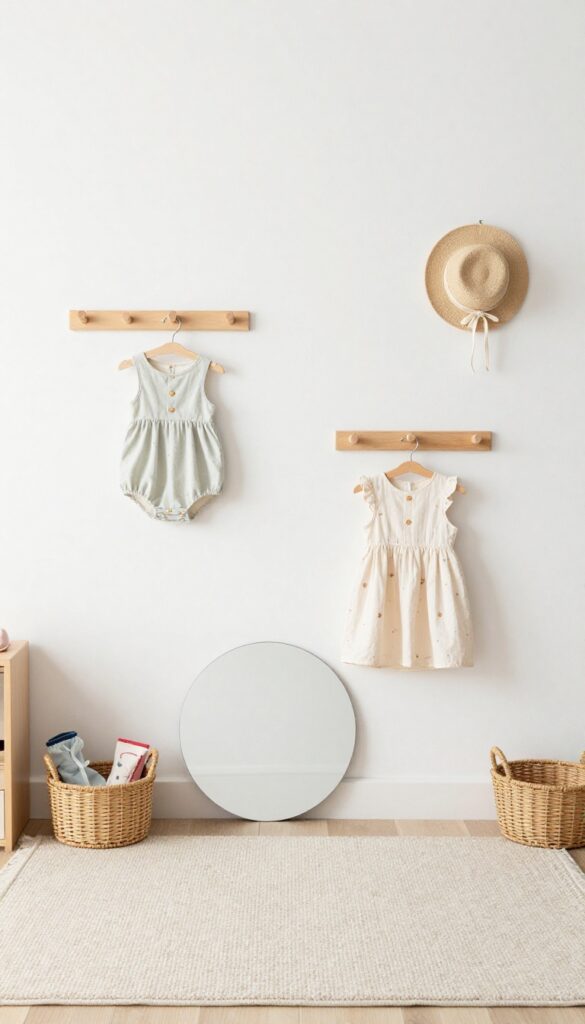 Bright toddler girl's dress-up corner with low wooden wall hooks, a shatterproof mirror at toddler height, and a small basket of accessories in a clean pastel bedroom