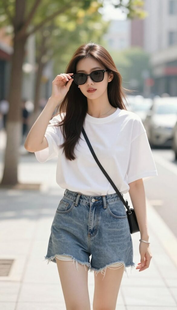 Woman in an oversized graphic tee, denim shorts, and chunky sneakers standing on a sunny summer sidewalk with a sling bag and sunglasses