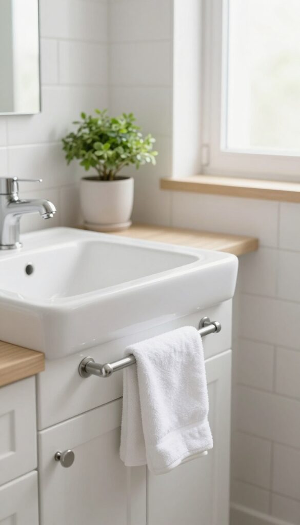 Small clean bathroom with matching brushed nickel faucet, cabinet pulls, towel bar, and hooks in bright natural light.