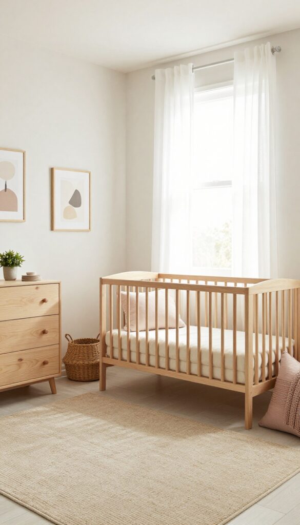 Bright neutral baby girl nursery with a light wood crib, soft white walls, cream bedding, a beige rug, and subtle blush accents in natural daylight