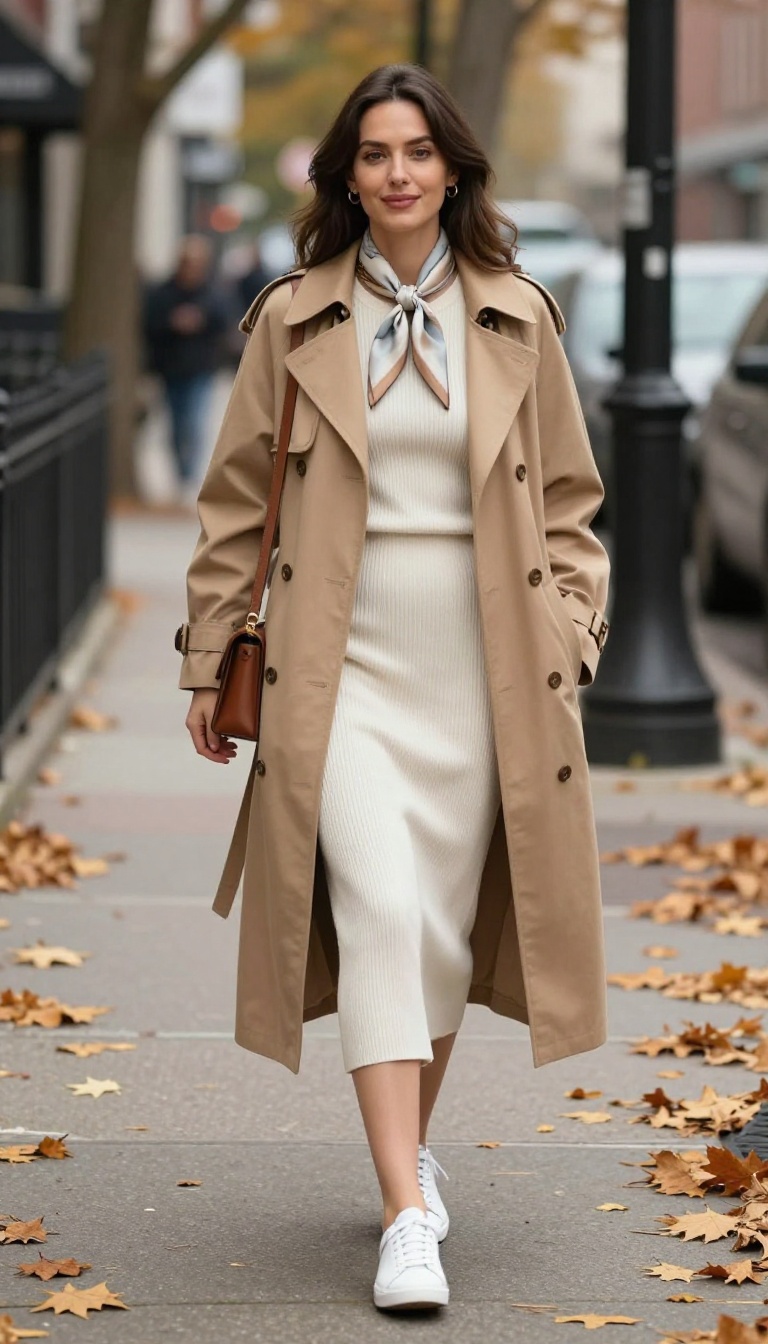 13. Trench Coat with Knit Dress and Sneakers