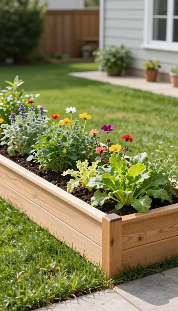 A tidy wooden raised garden bed filled with lush vegetables and flowers on a bright front lawn, adding height and clear structure to the yard.