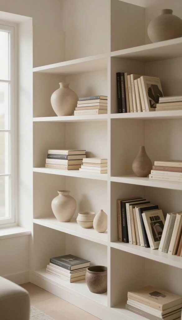 Bright living room bookcase styled with varied shelf heights and spacing, mixing tall vases, short book stacks, and sparse open shelves in natural light.