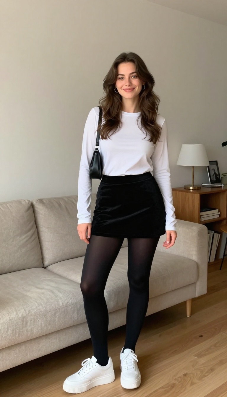 3. Velour Mini Skirt with a Fitted Long-Sleeve Tee