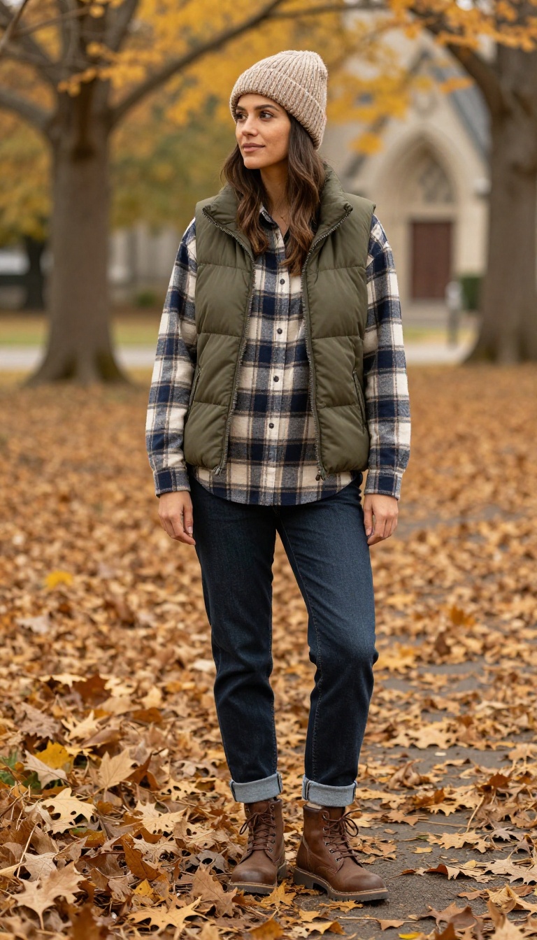 10. Flannel Shirt, Boyfriend Jeans, and a Puffer Vest