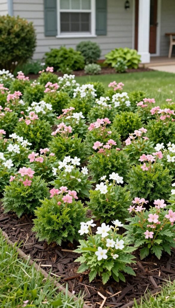 Front yard garden bed with evergreen shrubs and seasonal flowers layered over dark mulch in bright natural light