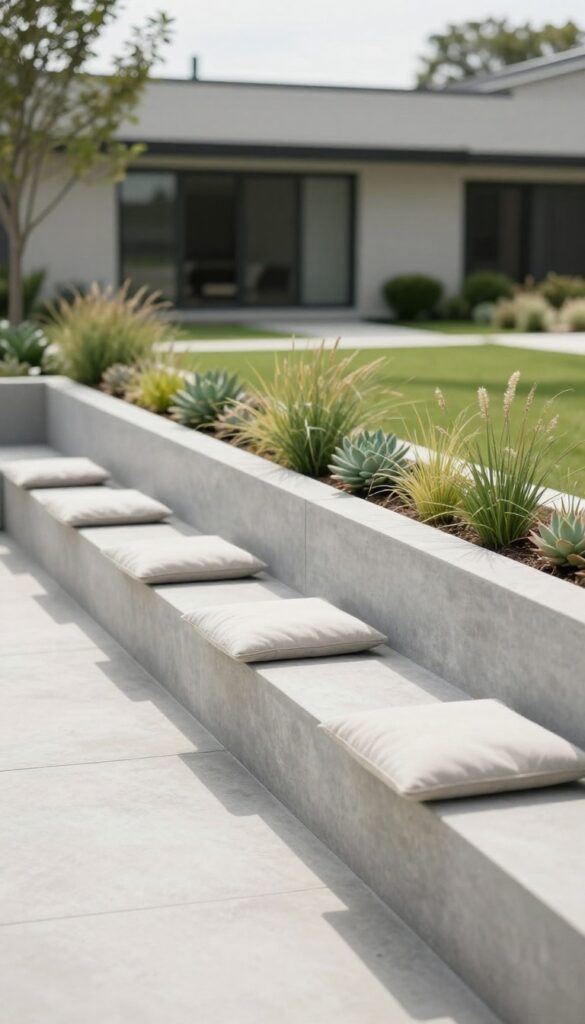 Modern front yard with a low concrete seating wall used as a planter edge beside a clean pathway and garden beds in bright daylight