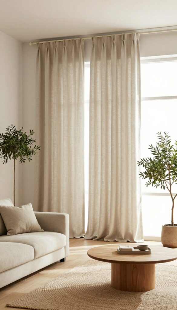 Bright organic modern living room with oversized neutral floor-length curtains hung high and wide, soft natural light, light wood floor, beige sofa, and woven textures