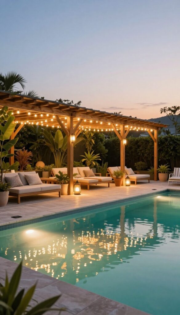Backyard pool deck at dusk with warm string lights across a pergola, glowing lanterns by seating, and solar pathway lights along a stone walkway reflecting on the water