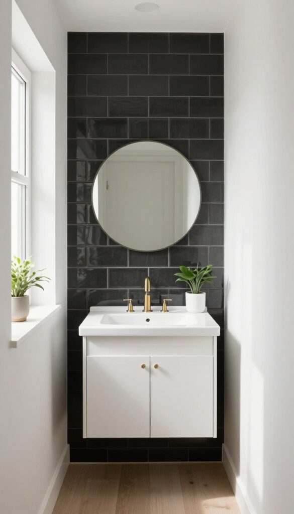 Small bathroom with a dark charcoal subway tile half-wall and light upper walls, a modern vanity, brass fixtures, and bright natural light.