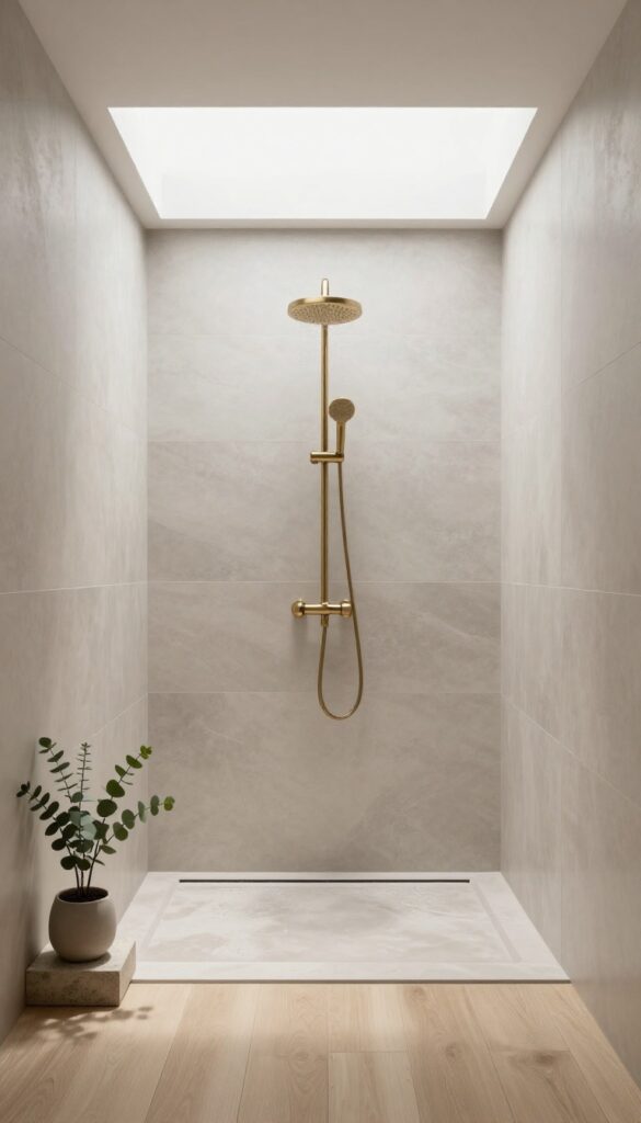 Bright open walk-in shower with no door beneath a ceiling skylight, neutral tiles reflecting natural daylight in an airy spa-like bathroom