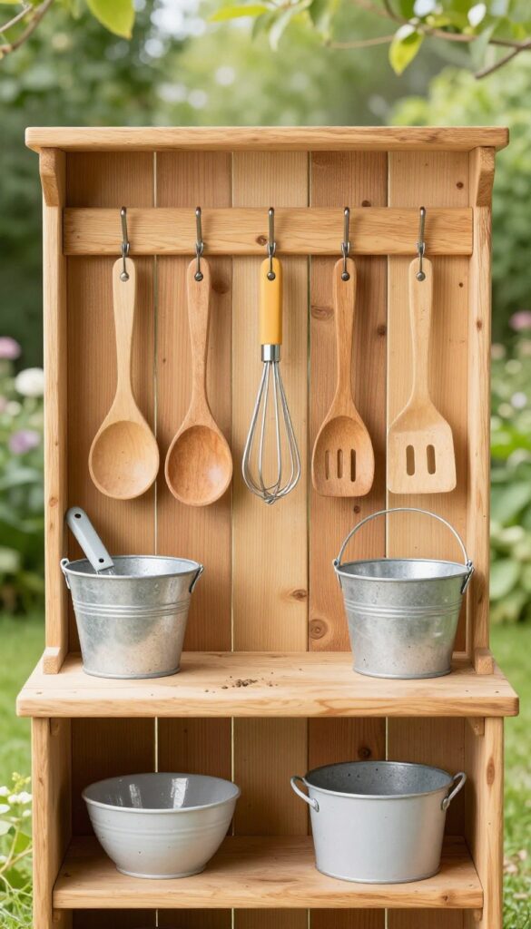 A vertical wooden board with hooks holding spoons, a whisk, measuring cups, and spatulas above a rustic outdoor mud kitchen counter in a sunny garden