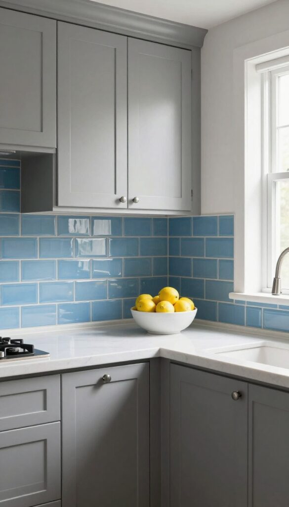 Grey kitchen cabinets paired with a glossy blue subway tile backsplash and white countertop in a bright, fresh kitchen.
