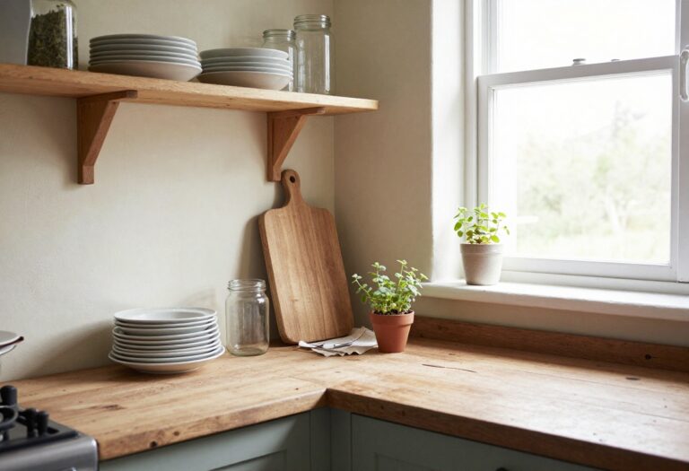 Sunlit vintage kitchen with wooden open shelving displaying mismatched ceramic dishes and antique decor