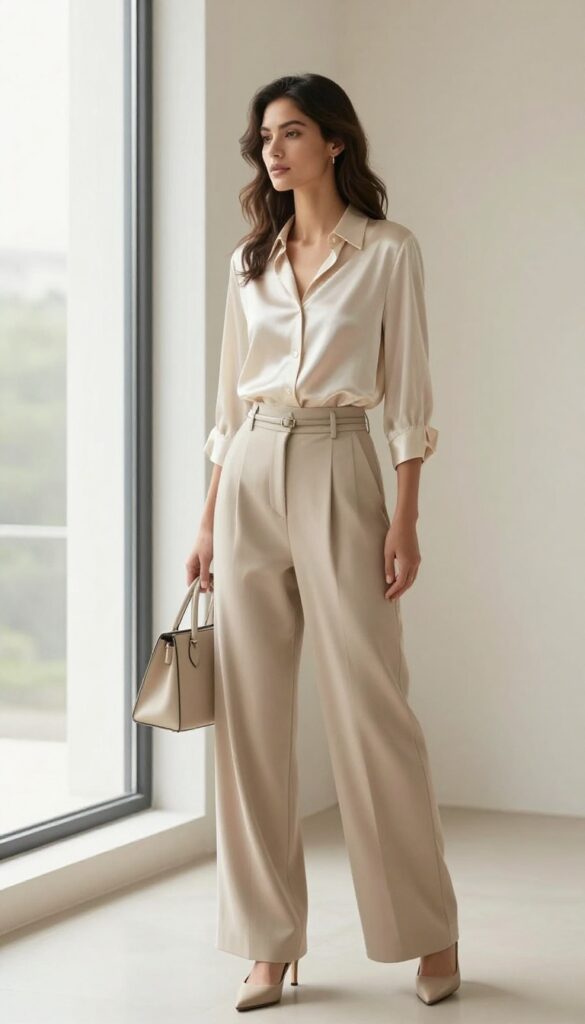 Woman wearing a glossy silk blouse tucked into high-waisted wide-leg trousers with heels and a small top-handle bag, standing in a bright modern room with natural light.